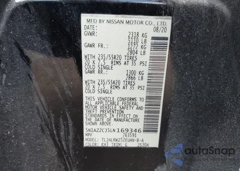 2020 Nissan Murano Sl Fwd z USA, uszkodzony, nr VIN 5N1AZ2CJ5LN169346